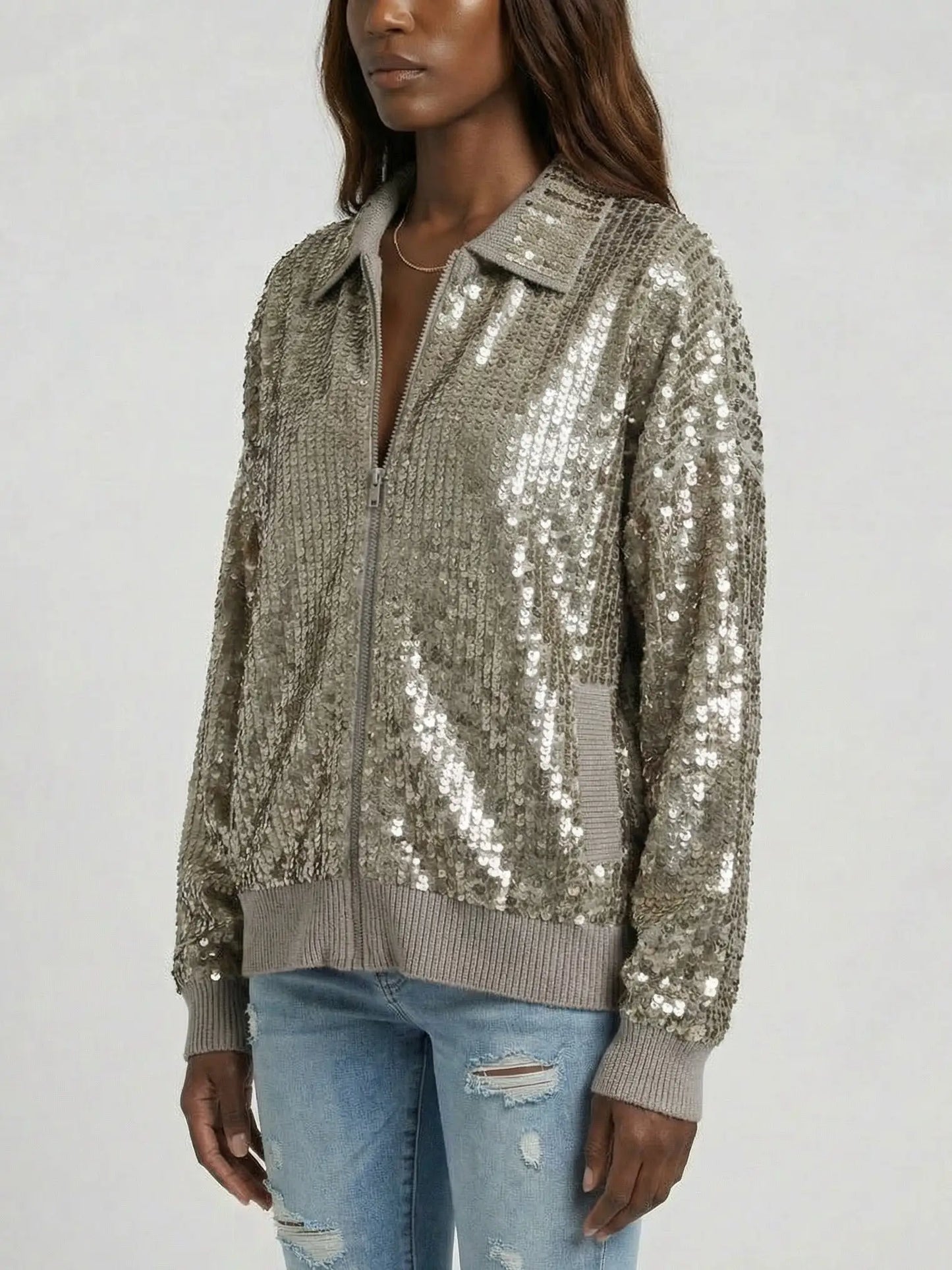 Cashmere Knit Zip-Front Jacket with Metallic Sequins - Jackets