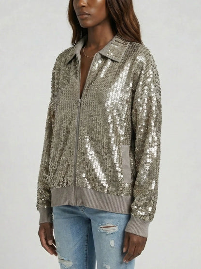 Cashmere Knit Zip-Front Jacket with Metallic Sequins - Jackets