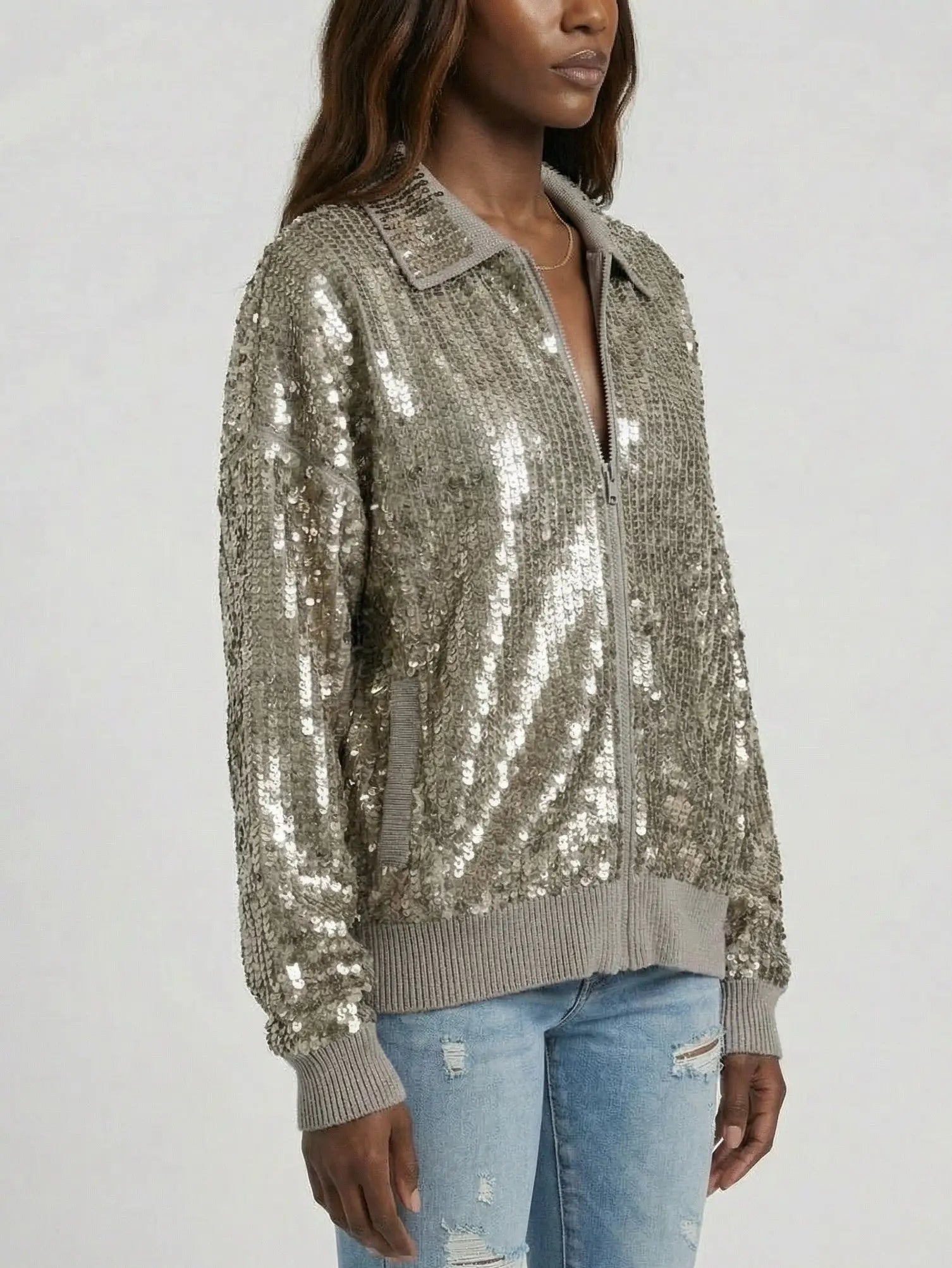 Cashmere Knit Zip-Front Jacket with Metallic Sequins - Jackets