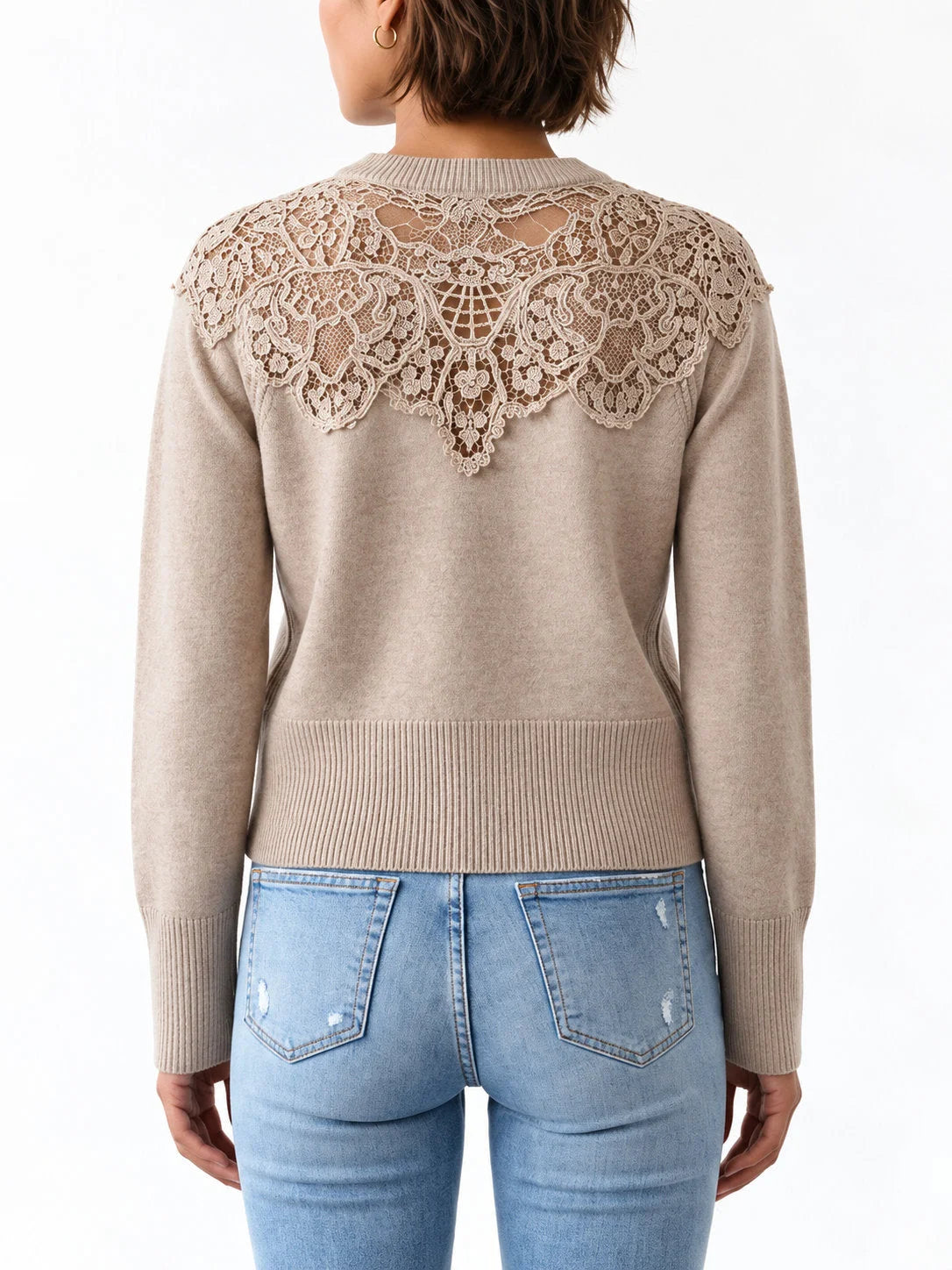 Cashmere Sweater with Floral Lace Yoke - Sweaters & Knitwear