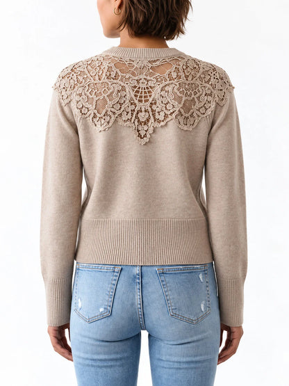 Cashmere Sweater with Floral Lace Yoke - Sweaters & Knitwear