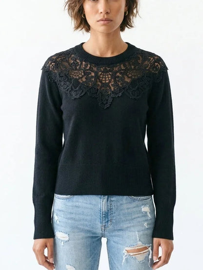 Cashmere Sweater with Floral Lace Yoke - Small / Black - Sweaters & Knitwear