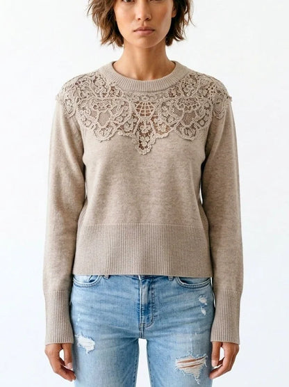Cashmere Sweater with Floral Lace Yoke - Sweaters & Knitwear