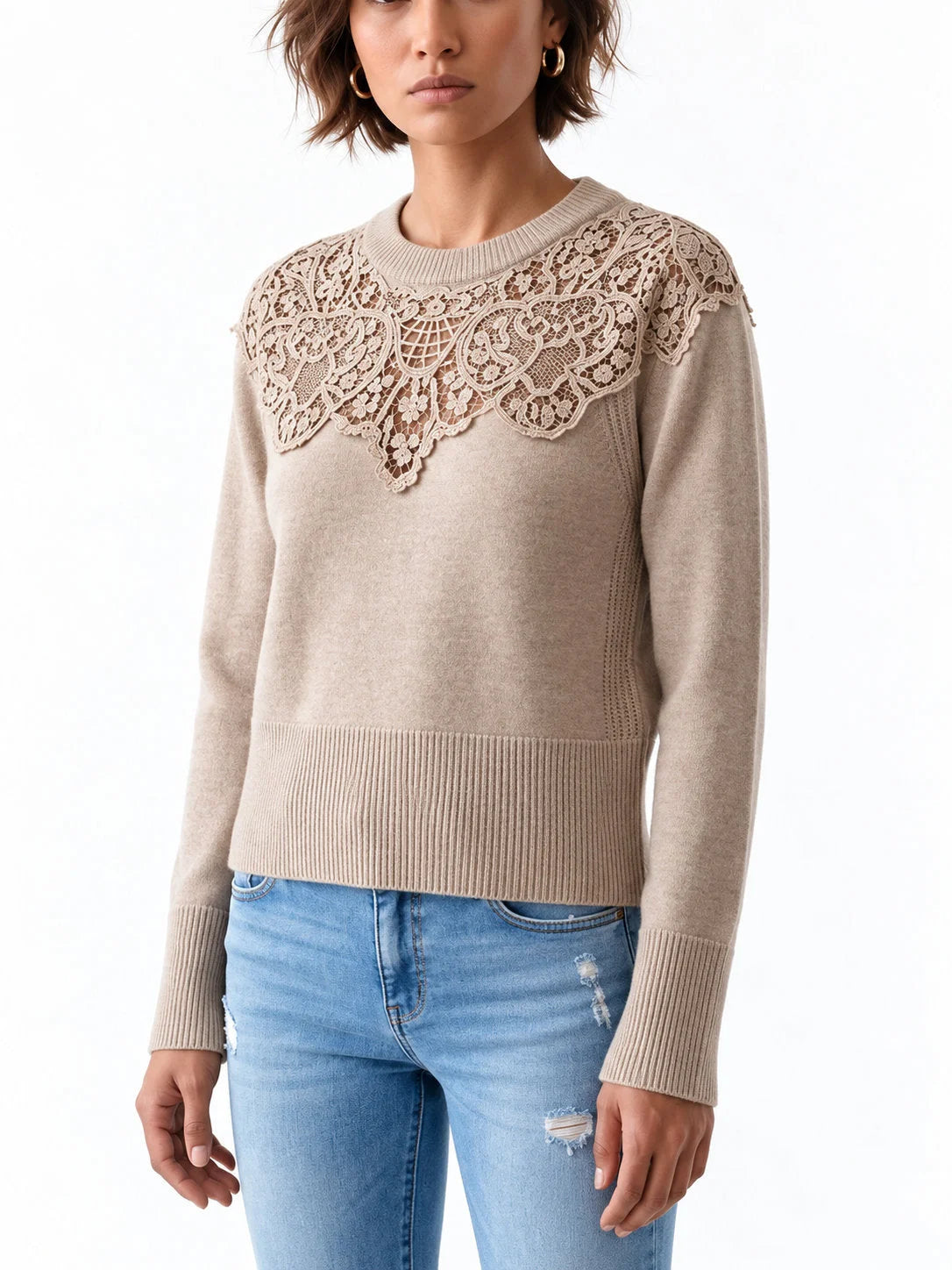 Cashmere Sweater with Floral Lace Yoke - Sweaters & Knitwear
