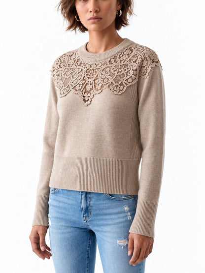 Cashmere Sweater with Floral Lace Yoke - Sweaters & Knitwear
