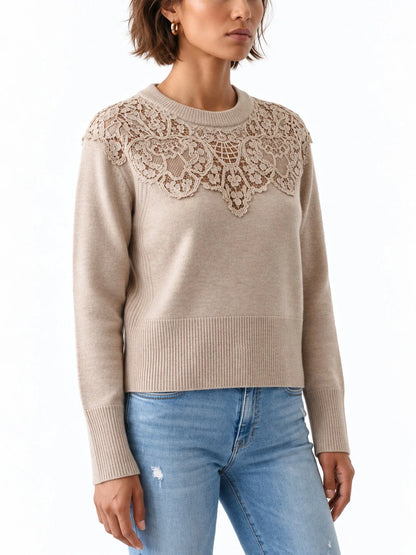 Cashmere Sweater with Floral Lace Yoke - Sweaters & Knitwear