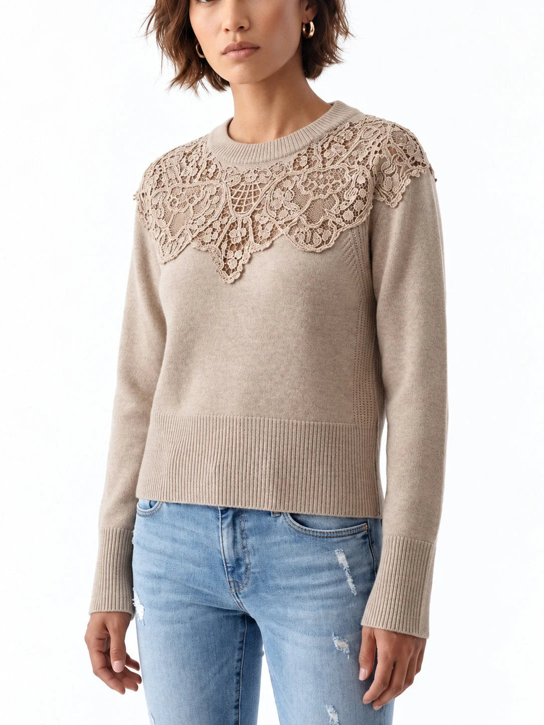 Cashmere Sweater with Floral Lace Yoke - Sweaters & Knitwear