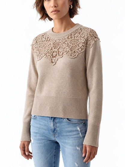 Cashmere Sweater with Floral Lace Yoke - Sweaters & Knitwear