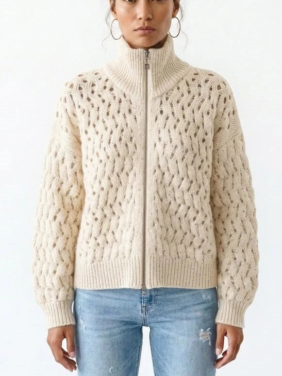 Cashmere Wool Blend Open Knit Zip Front Sweater - Small / Ivory - Sweaters & Knitwear