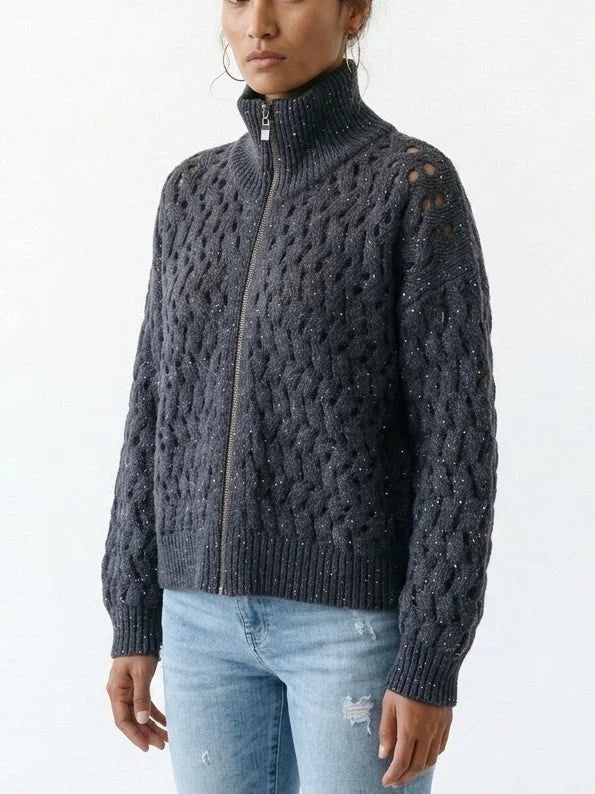 Cashmere Wool Blend Open Knit Zip Front Sweater - Sweaters & Knitwear