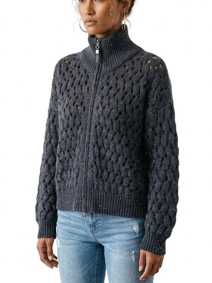 Cashmere Wool Blend Open Knit Zip Front Sweater - Sweaters & Knitwear