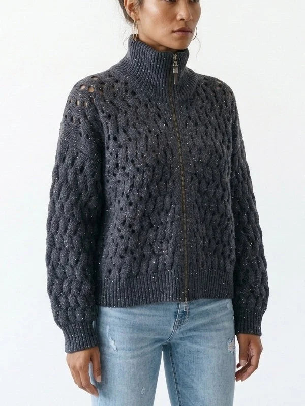 Cashmere Wool Blend Open Knit Zip Front Sweater - Sweaters & Knitwear