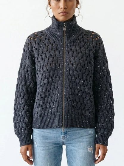 Cashmere Wool Blend Open Knit Zip Front Sweater - Sweaters & Knitwear