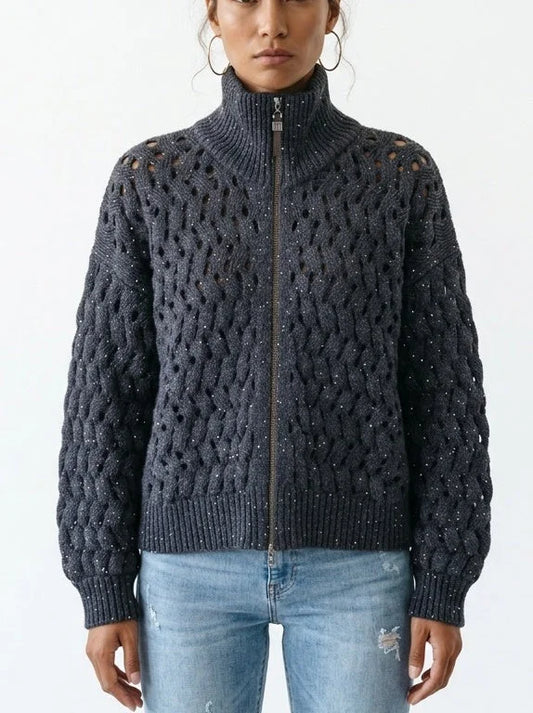 Cashmere Wool Blend Open Knit Zip Front Sweater - Sweaters & Knitwear