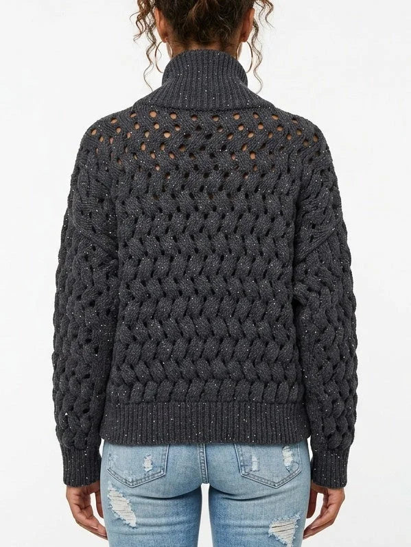 Cashmere Wool Blend Open Knit Zip Front Sweater - Sweaters & Knitwear
