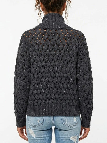 Cashmere Wool Blend Open Knit Zip Front Sweater - Sweaters & Knitwear