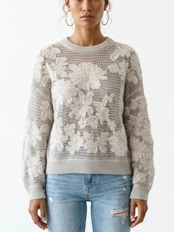 Cashmere Wool Blend Openwork Floral Knit Sweater - Small / Greige - Sweaters & Knitwear