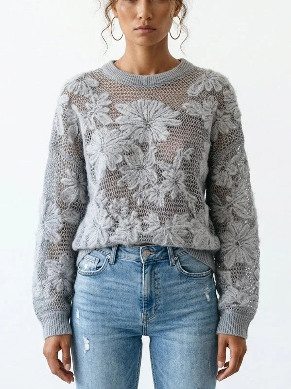 Cashmere Wool Blend Openwork Floral Knit Sweater - Sweaters & Knitwear