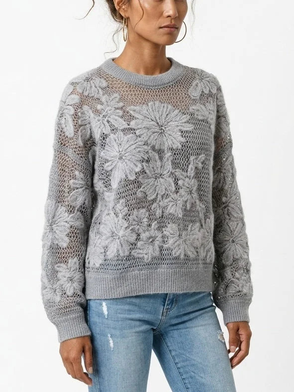 Cashmere Wool Blend Openwork Floral Knit Sweater - Sweaters & Knitwear