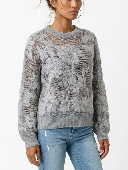 Cashmere Wool Blend Openwork Floral Knit Sweater - Sweaters & Knitwear