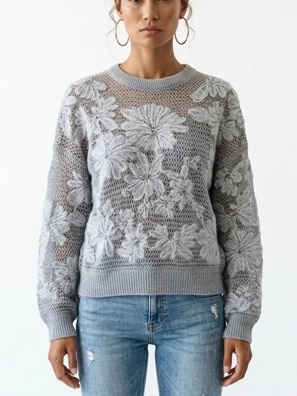 Cashmere Wool Blend Openwork Floral Knit Sweater - Small / Grey - Sweaters & Knitwear