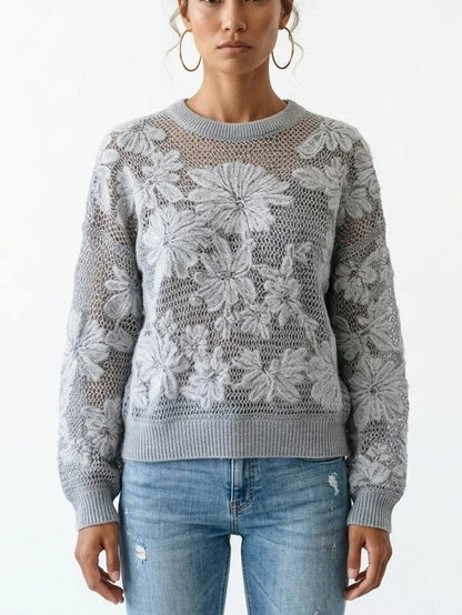 Cashmere Wool Blend Openwork Floral Knit Sweater - Small / Grey - Sweaters & Knitwear