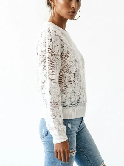 Cashmere Wool Blend Openwork Floral Knit Sweater - Sweaters & Knitwear