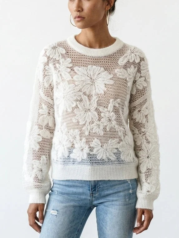 Cashmere Wool Blend Openwork Floral Knit Sweater - Sweaters & Knitwear
