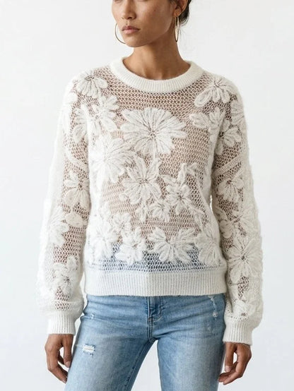 Cashmere Wool Blend Openwork Floral Knit Sweater - Sweaters & Knitwear
