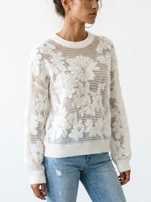 Cashmere Wool Blend Openwork Floral Knit Sweater - Sweaters & Knitwear