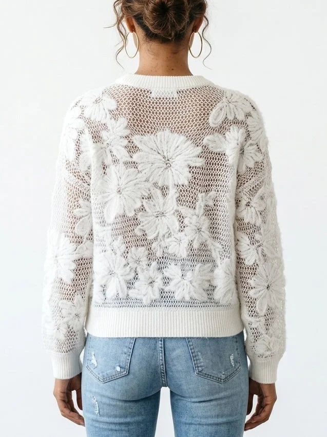 Cashmere Wool Blend Openwork Floral Knit Sweater - Sweaters & Knitwear
