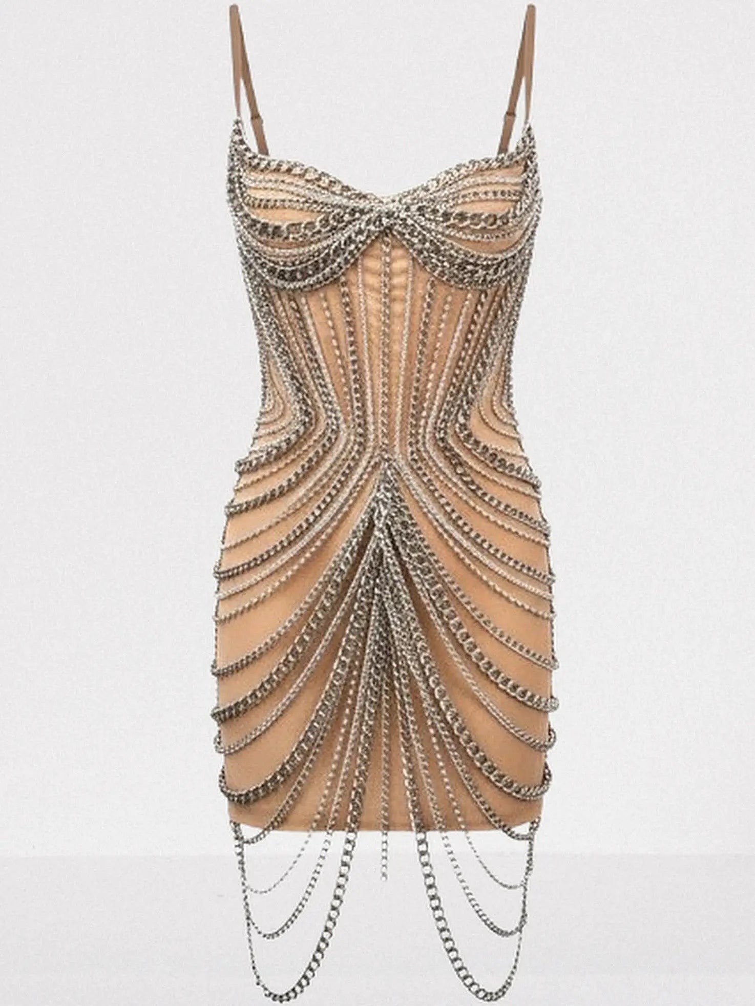 Chain-Embellished Bustier Mini Dress in Nude - Small - Dresses