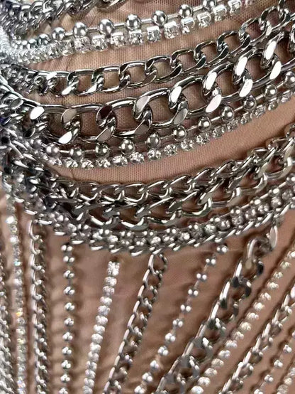 Chain-Embellished Bustier Mini Dress in Nude - Dresses