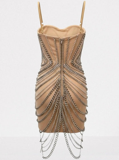 Chain-Embellished Bustier Mini Dress in Nude - Dresses