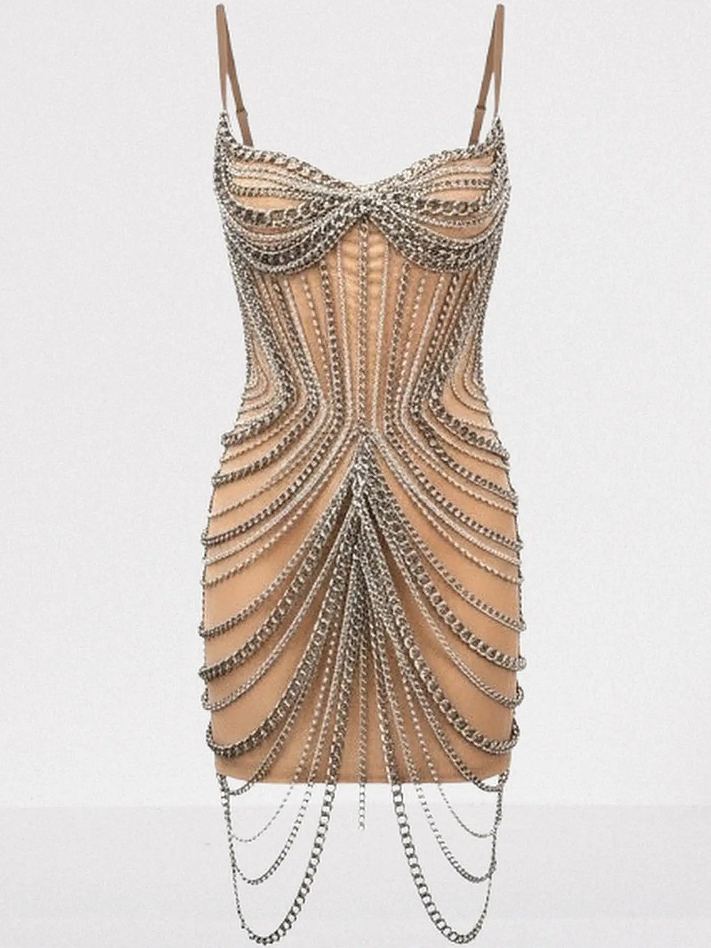 Chain-Embellished Bustier Mini Dress in Nude - Dresses