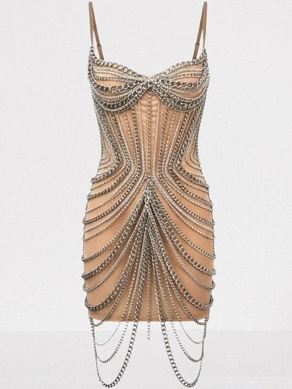 Chain-Embellished Bustier Mini Dress in Nude - Dresses