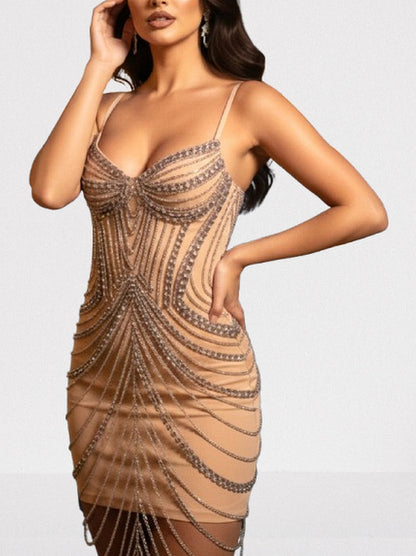 Chain-Embellished Bustier Mini Dress in Nude