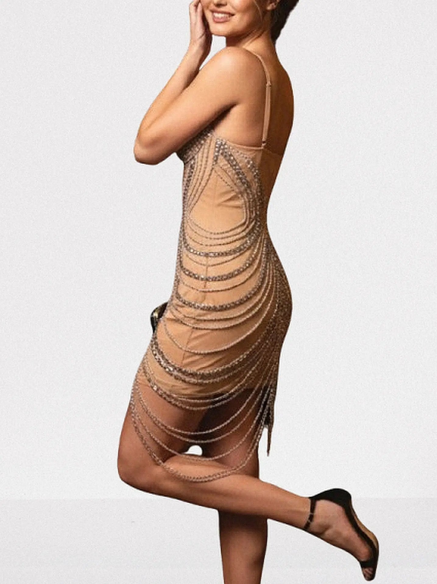 Chain-Embellished Bustier Mini Dress in Nude - Dresses