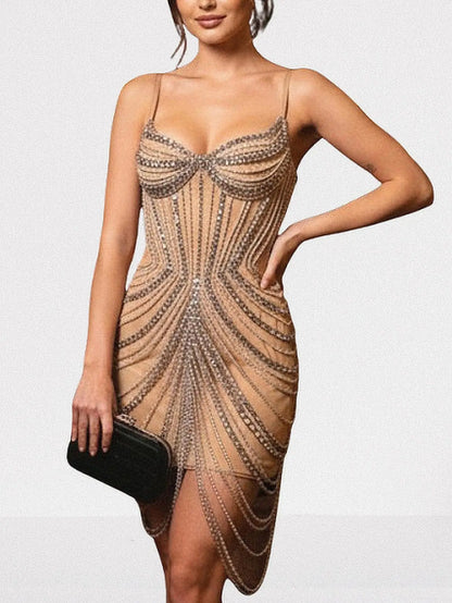 Chain-Embellished Bustier Mini Dress in Nude - Dresses
