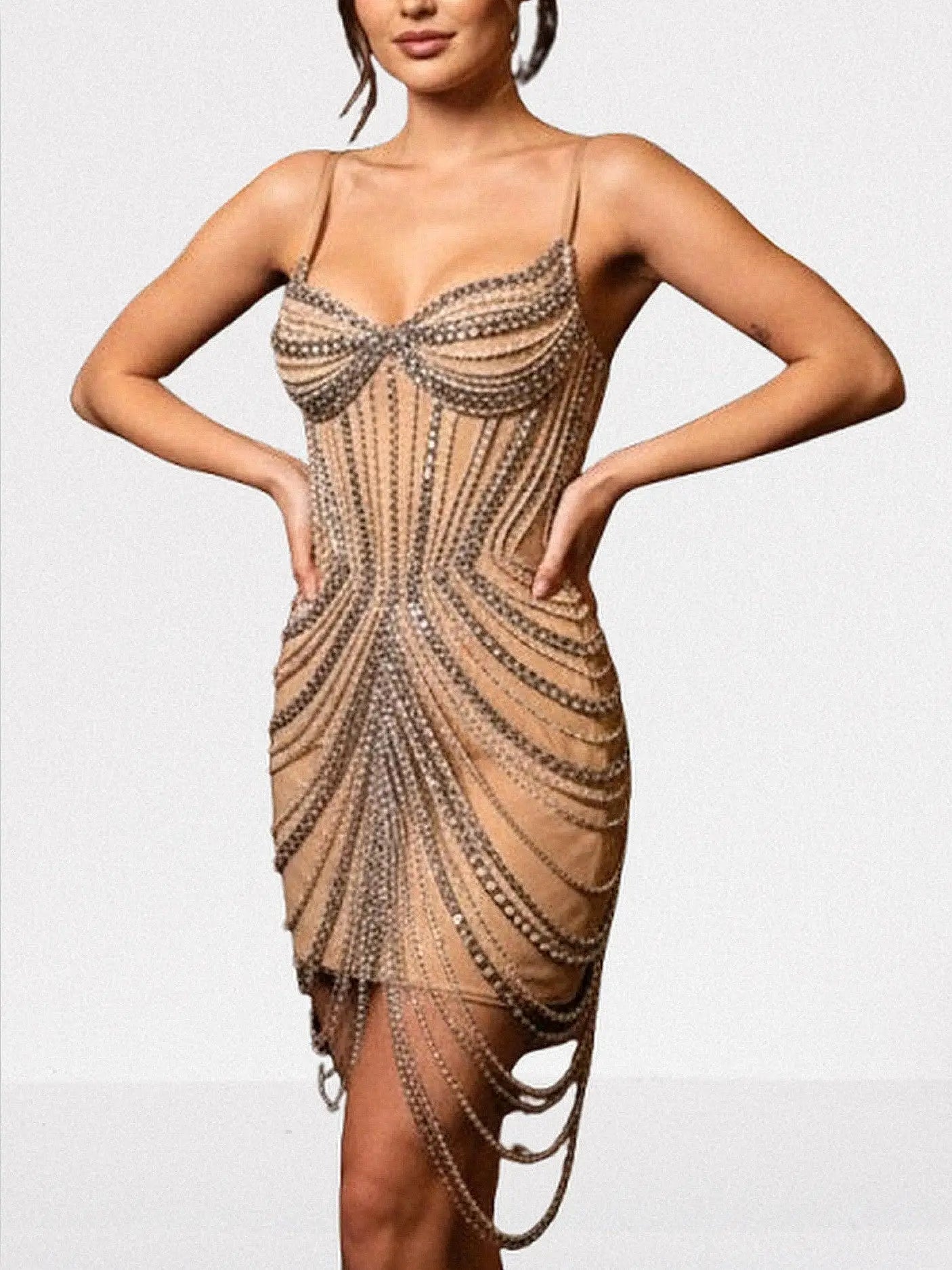 Chain-Embellished Bustier Mini Dress in Nude - Dresses