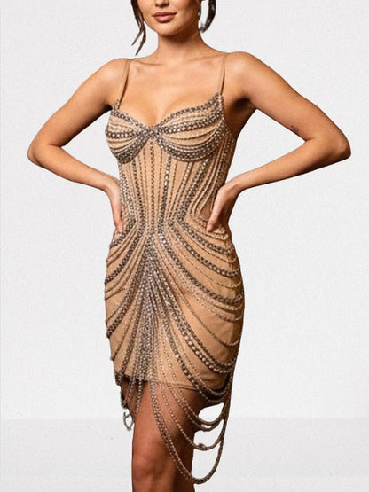 Chain-Embellished Bustier Mini Dress in Nude - Dresses