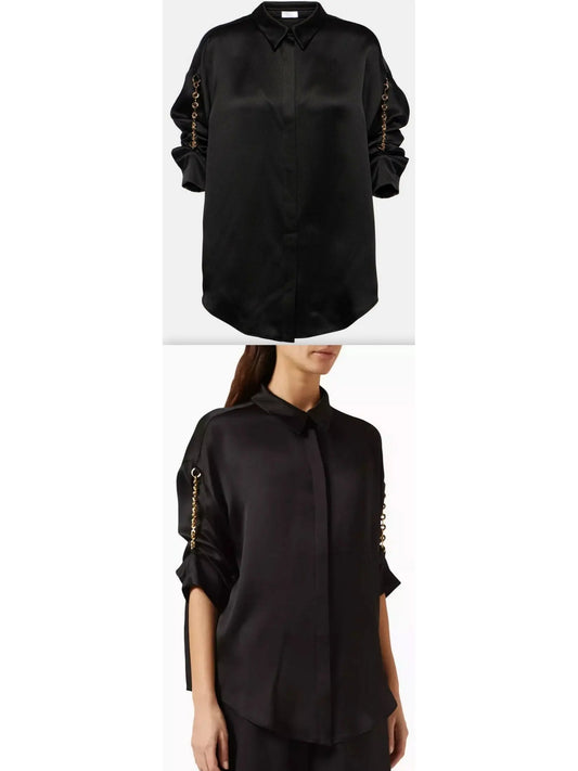 Chain-Sleeve Satin Shirt, Black - Branna Couture