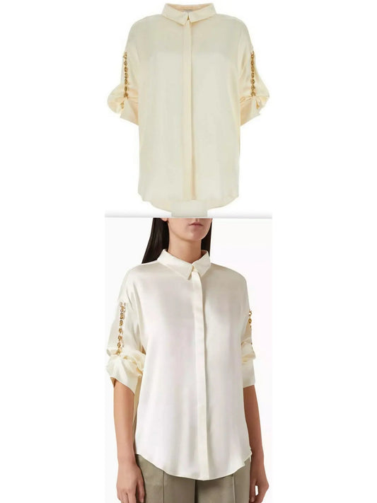 Chain-Sleeve Satin Shirt, Ivory - Branna Couture