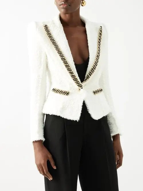 Chain-Trim White Tweed Blazer - Branna Couture