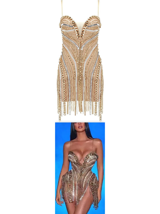 Chain and Crystal-Embellished Mesh Mini Dress - Branna Couture