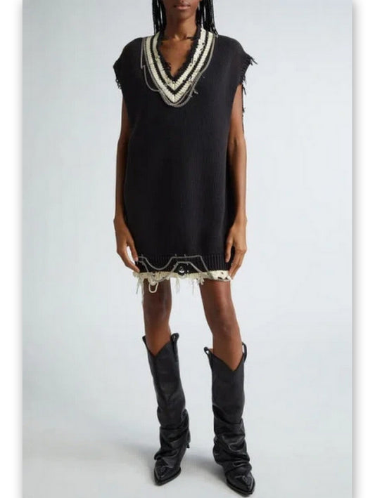 Chain Embellished Distressed Knit Vest Dress - Branna Couture