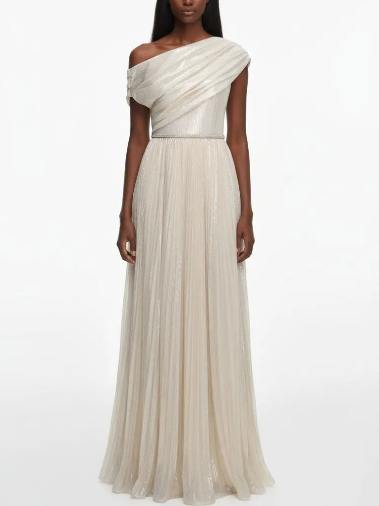 Champagne One-Shoulder Metallic Pleated Evening Gown - XS - Dresses