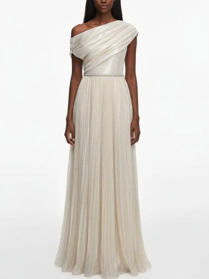 Champagne One-Shoulder Metallic Pleated Evening Gown - XS - Dresses