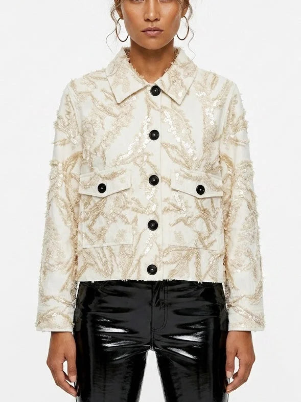 Champagne Textured Sequin Embroidered Jacket - Jackets