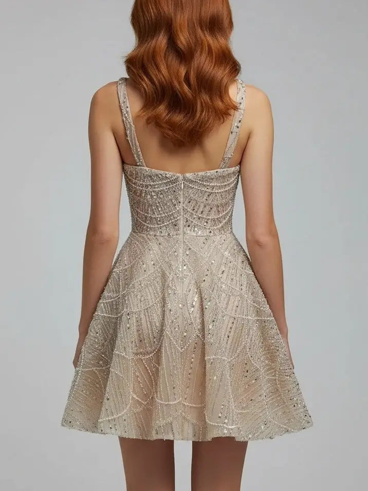 Champagne Fully Embellished Fit-and-Flare Mini Dress - Dresses